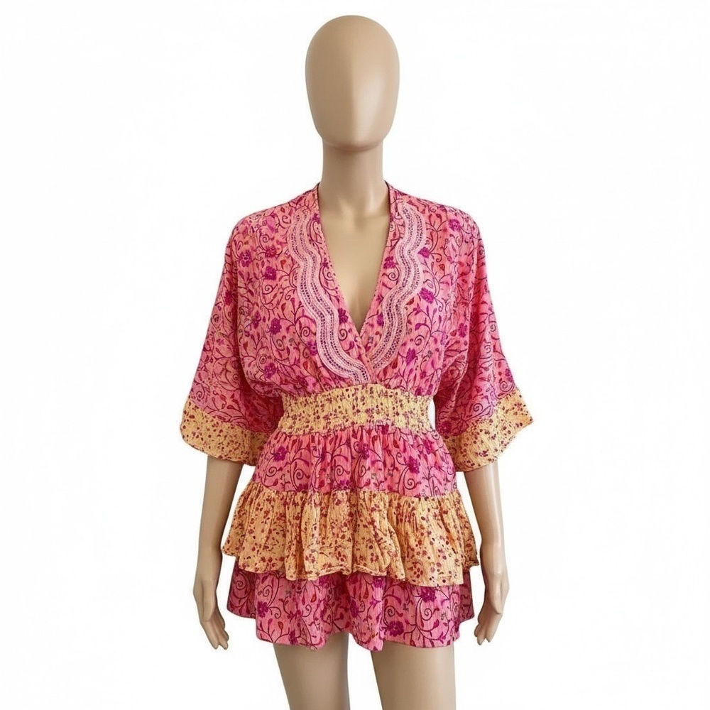 River Island Pink Floral Ruffle Lace Romper Size Sm Vacation Resort Wear Beachy